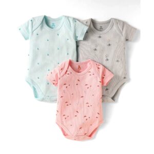 Interlock Knit Half Sleeves Onesies With Animal & Bird Theme Print Pack Of 3 - Light Blue & Grey