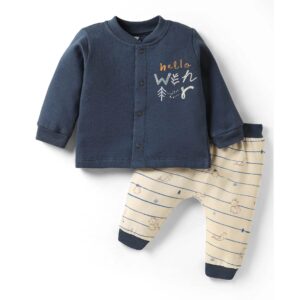 Fleece Knit Full Sleeves Animal Printed Winter Wear Suit - Navy Blue & Beige