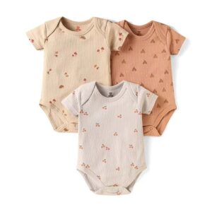 Interlock Knit Half Sleeves Onesies With Tropical Theme Print Pack Of 3 - Tan & Cream
