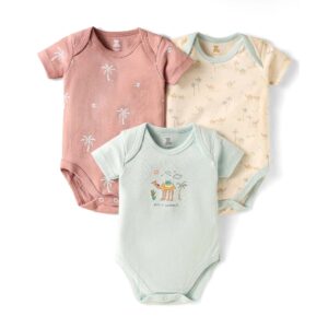 Interlock Knit Half Sleeves Onesies With Animal Theme Print Pack Of 3 - Light Blue & Rose Gold